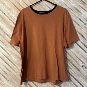 Tommy Hilfiger Burnt Orange Casual T Shirt Navy Blue Collar Trim Basic Neutral